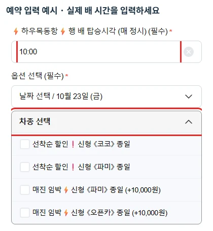 우도 전기차 대여 예약에서 하우목동항행 배 탑승시각 입력칸과 차종 선택 버튼을 빨간색으로 표시한 예시 화면