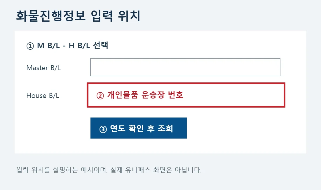 개인물품 운송장 번호를 House B/L 칸에 입력하는 유니패스 조회 예시