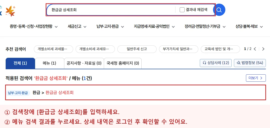 홈택스 검색창에 환급금 상세조회를 입력한 실제 화면에서 검색창과 환급금 상세 조회 메뉴를 빨간 테두리로 표시한 안내