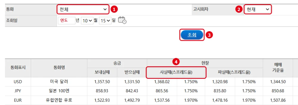우리은행 일별환율조회 화면 통화 고시회차 선택 후 조회, 현찰 사실때 확인